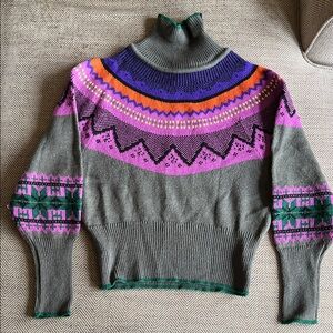 Women’s vintage acrylic Turtleneck Sweater with Pink & Purple Fair Isle Detail